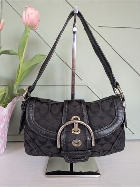 Coach Black Signature Jacquard Shoulder Bag with Buckle